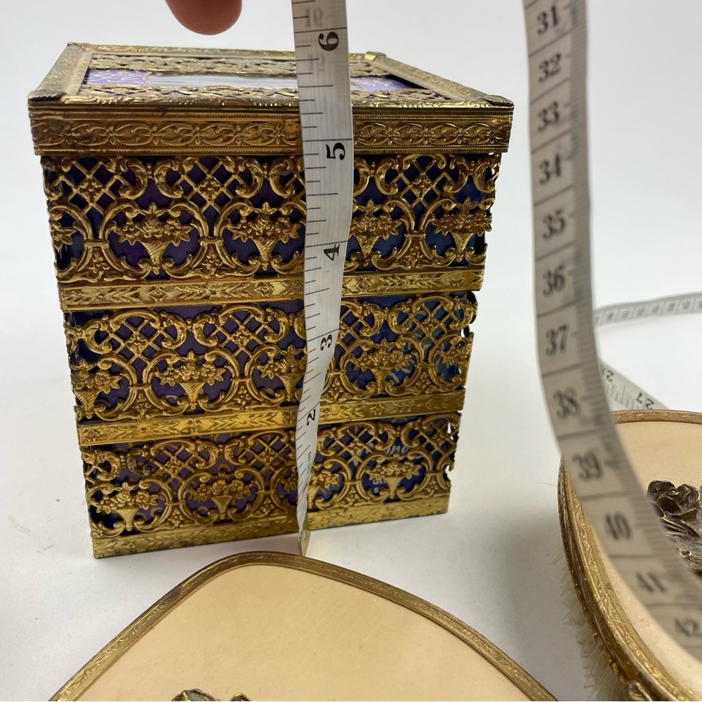 Vintage Filigree 6 Pc Vanity Set Hair Brush Hand Mirror & Perfume Tray Gold Tone - Picture 11 of 12